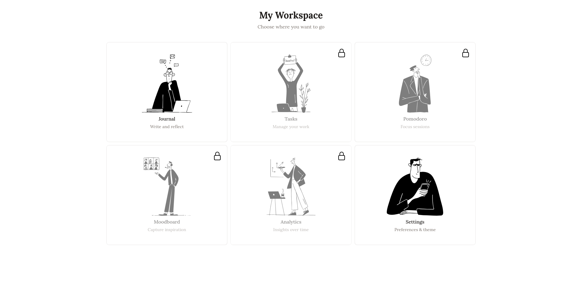 Workspace overzicht met Journal, Tasks, Pomodoro en meer